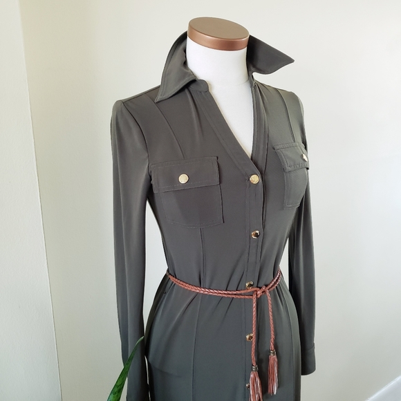 Michael Kors Long Sleeve Button Down Dress - Olive Green- XS - Picture 10 of 12